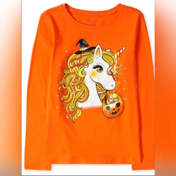 The Children's Place Orange Unicorn Halloween Shirt Girl US 10/12 Graphic Tee - Picture 1 of 4